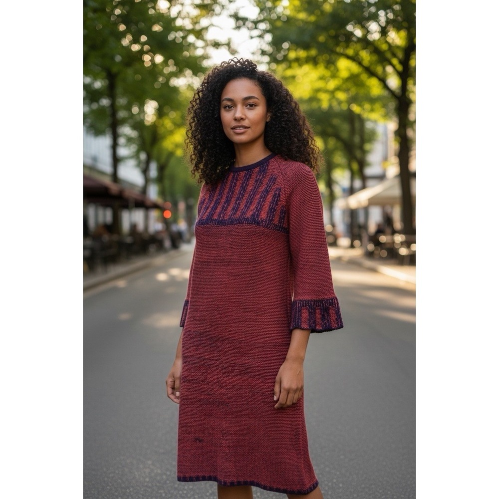 Vintage 100% Wool Knit Dress US Womens Small Red Navy Boho Indie Retro